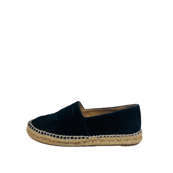 CHANEL Navy Blue Velvet CC Logo Cap Toe Espadrilles Monogram Flats Size 37 US 7 - Picture 1 of 9